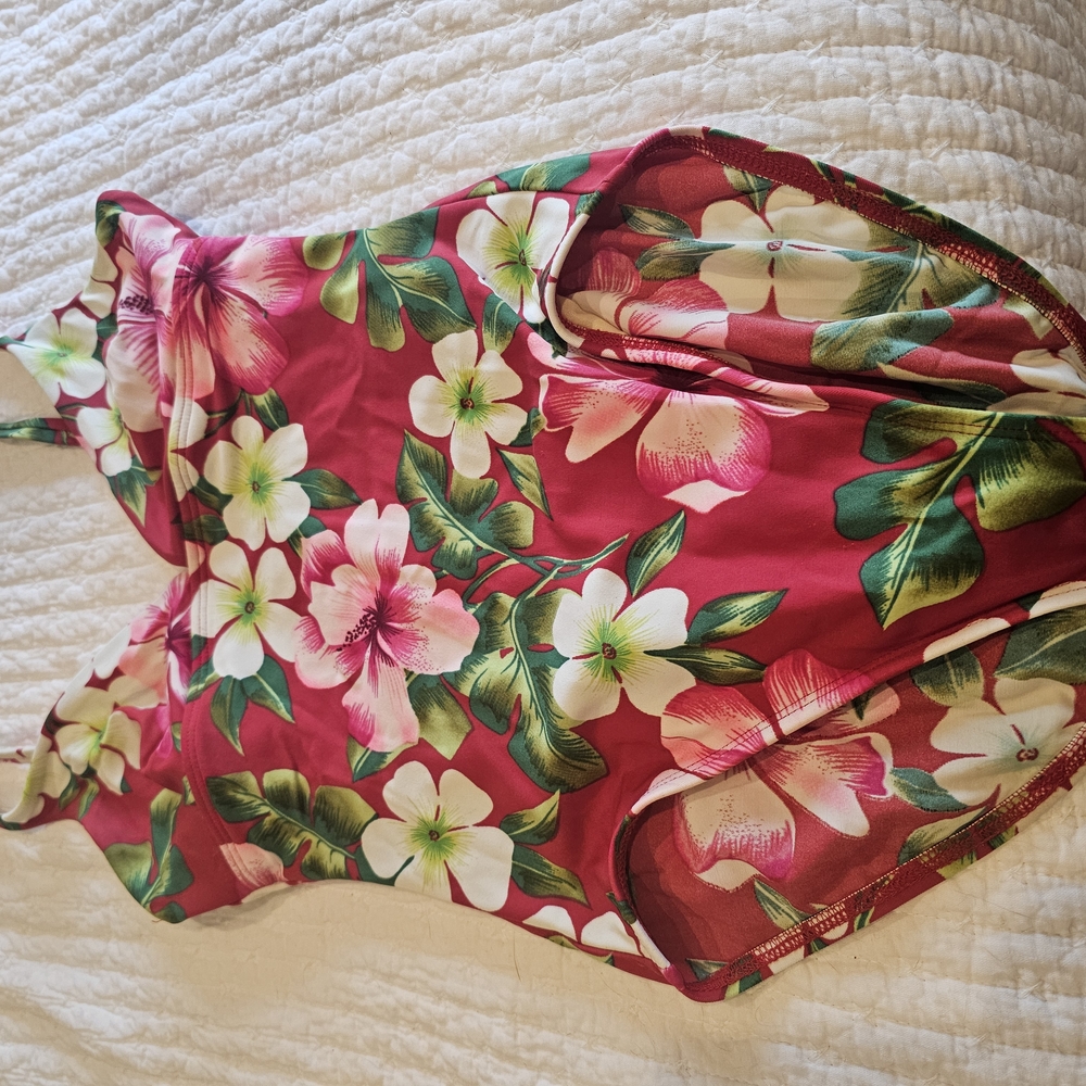 Lands' End Red and Green One-Piece Swimsuit with Tropical Print